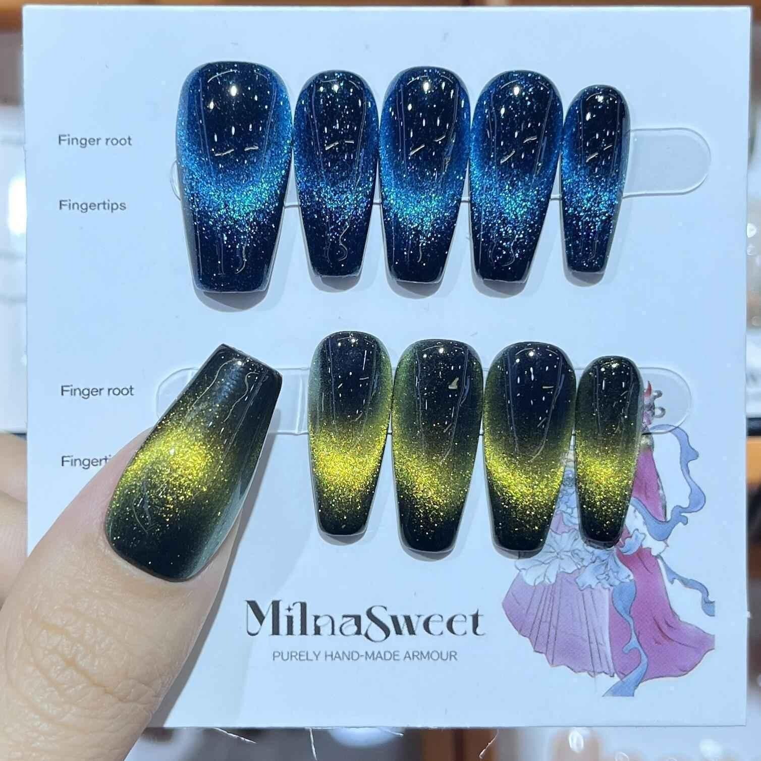 Green Gold Galaxy Cat Eye Press on Nails Handmade Fake Fingernails Gel Polish