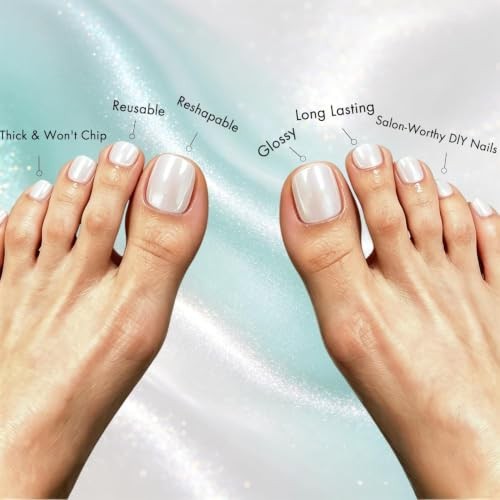 Chrome Press on Toenails Short, 32 Pcs 16 Sizes Glazed Milky White chrome white