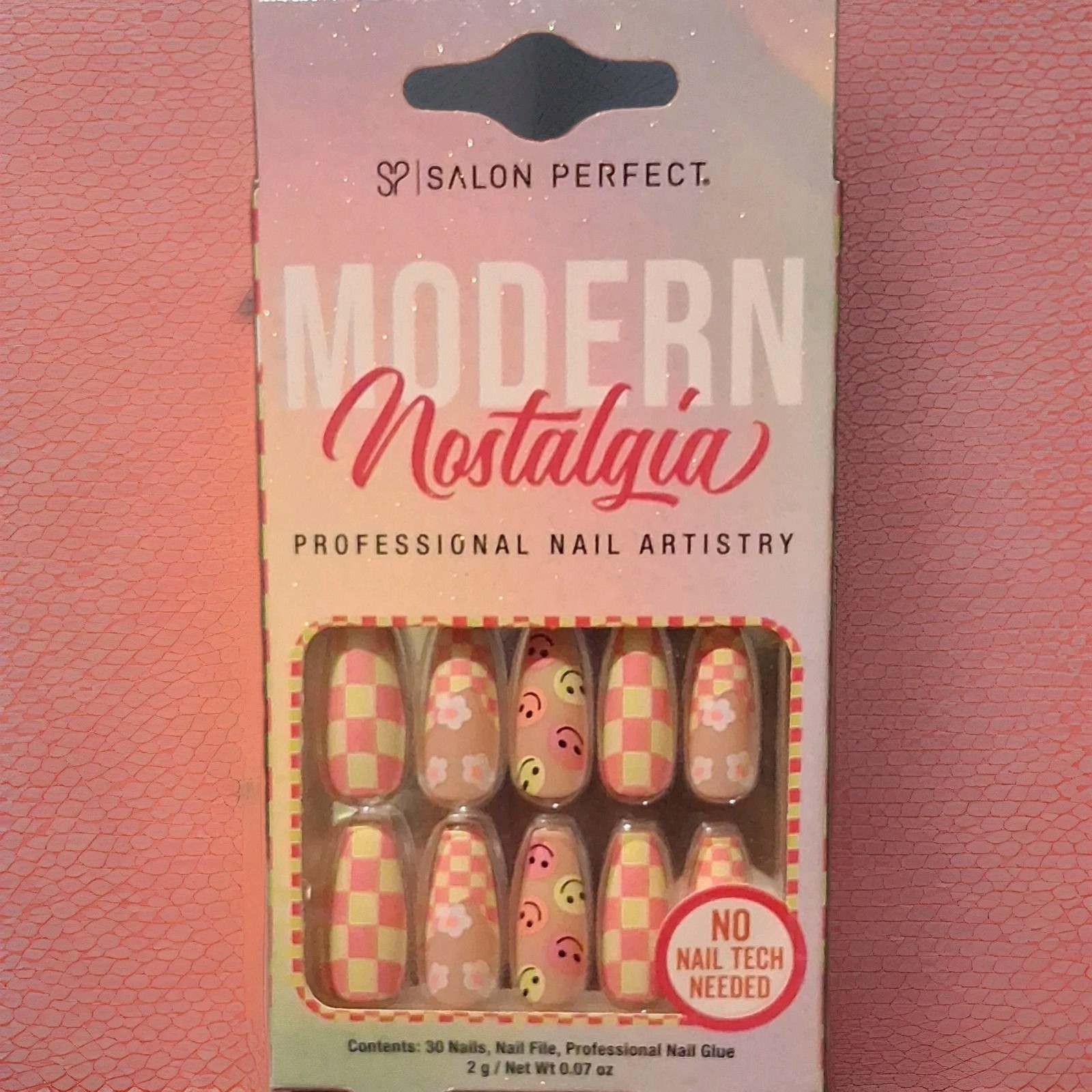 Salon Perfect Press-On Nails Smiley Faces Pink/Yellow 3D Flowers Checker