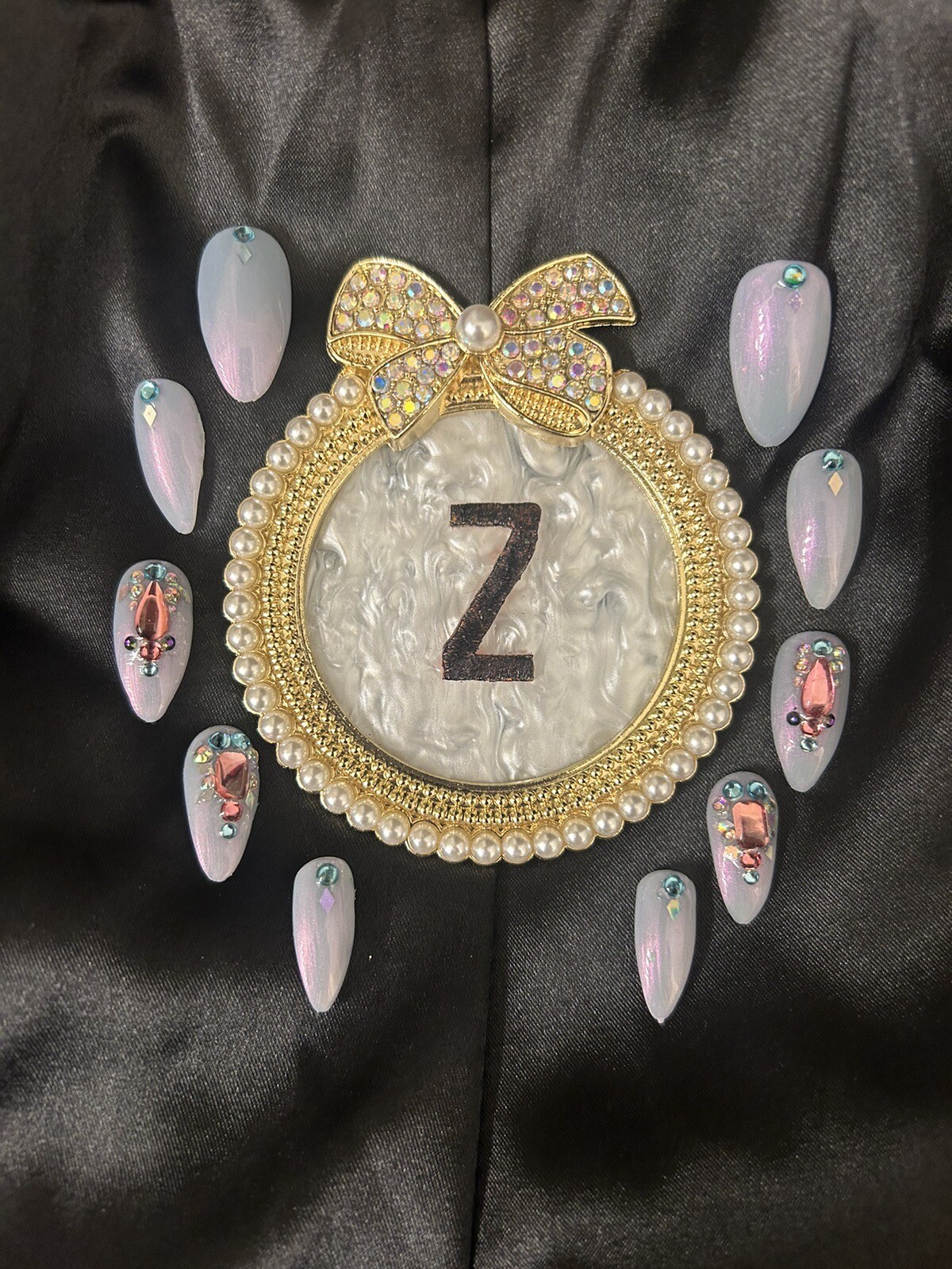 Z NAILZ! Handcrafted Pink/Blue Iridescent M Coffin W/Bling Press On Nails