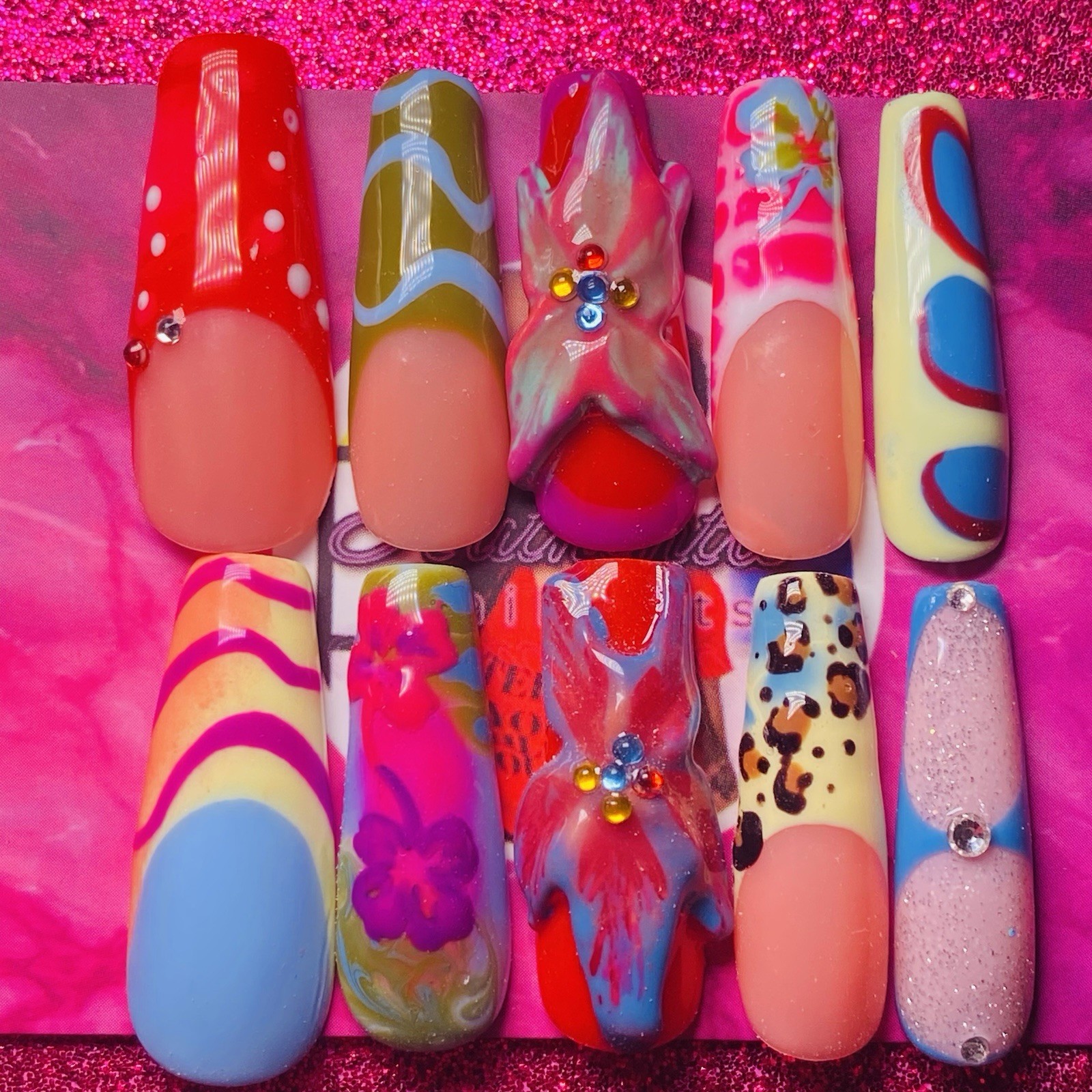 Authentic Nail Arts by Dia Long Coffin Press-On Nails Multicolor 3D Shiny