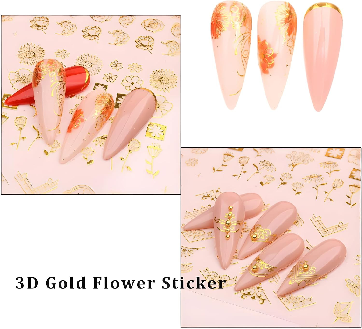 12 Sheets Gold Flower Nail Art Stickers 3D Self Adhesive Gold Leaf Lace Nail Dec