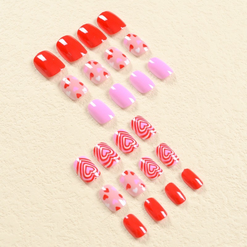 48 Pcs of Pink Purple Glossy Fake Nails with Red and White Heart-shaped Nail Art