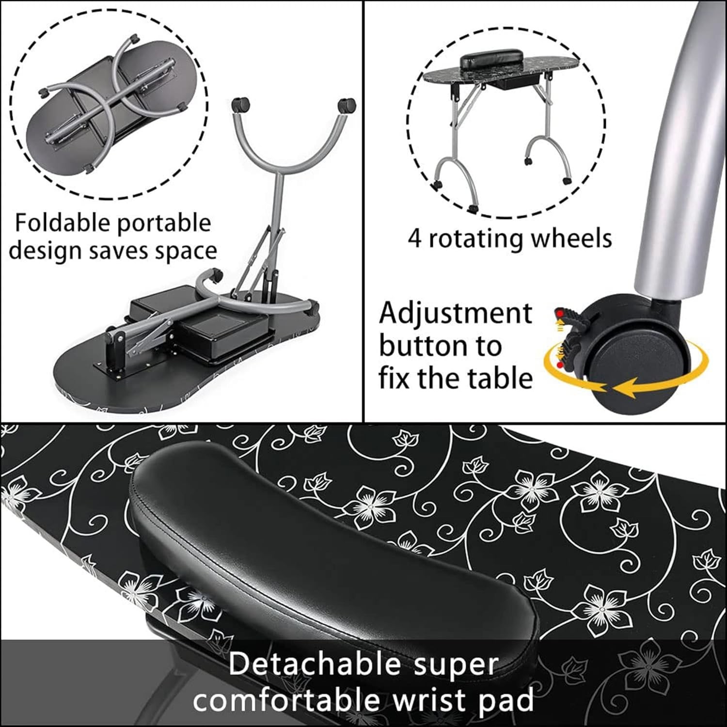 Professional Black Manicure Table 36”L with USB LED Light & Comfort Sponge Pad