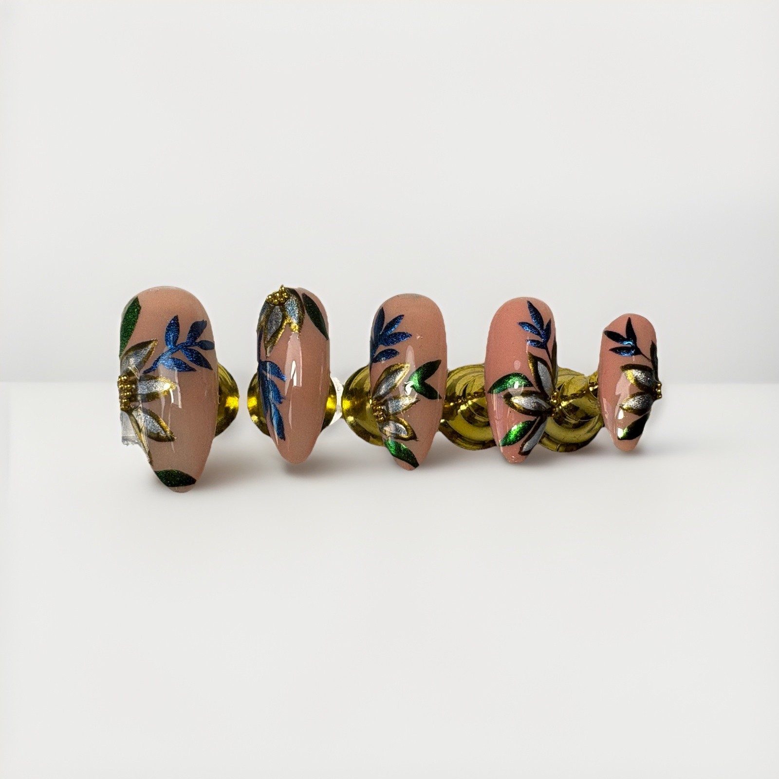 Luxury Handmade Press On Nails | Nude Floral Gold | Reusable Custom Set