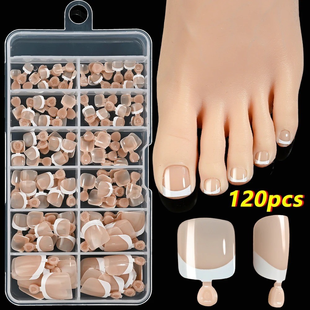 120Pcs Pink French Short Square Fake Nails 12-Sizes Full Cover Press On Nails We