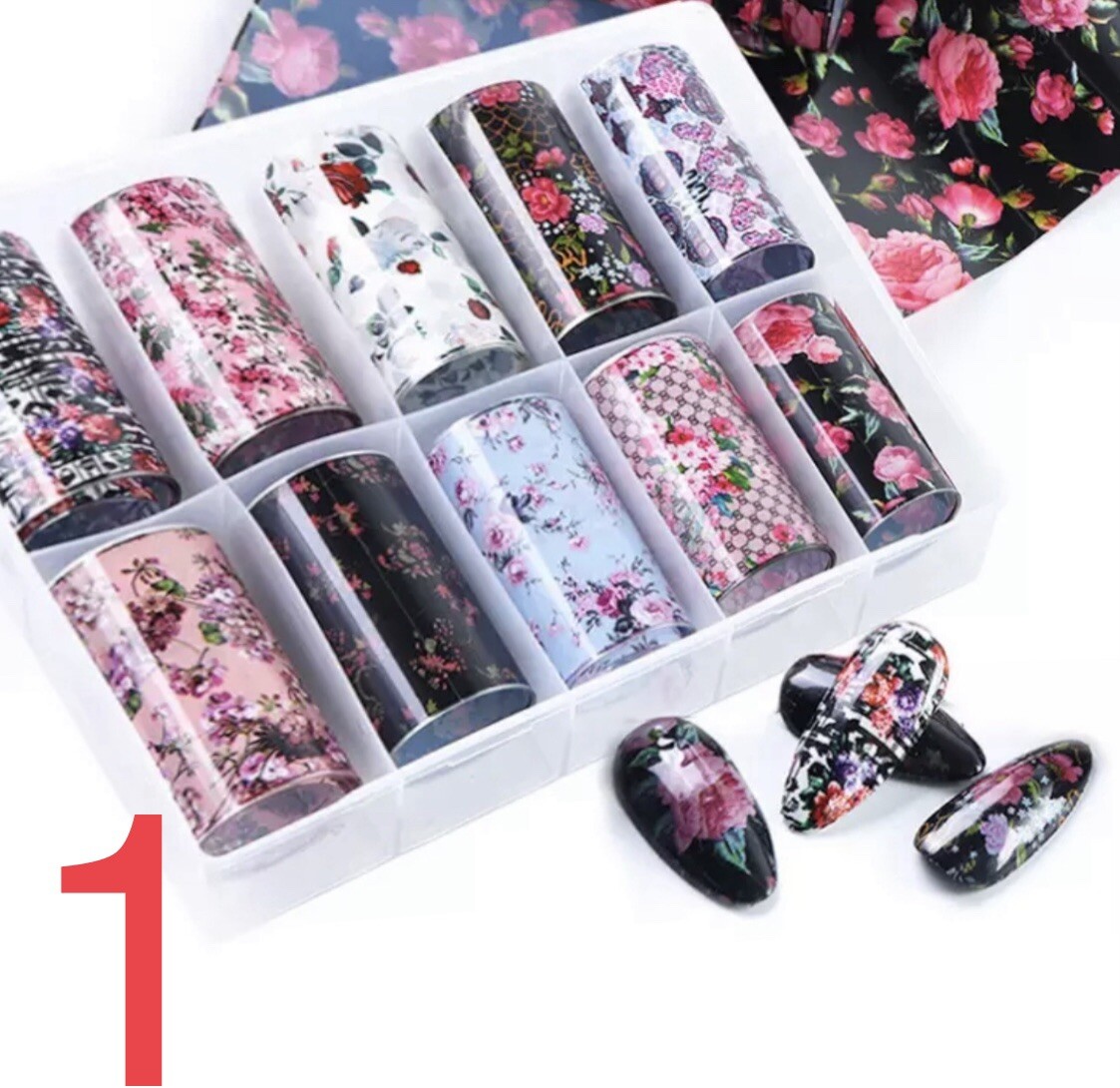 Foil Nail Art Transfer Sticker Set 10 Pieces Different Designs