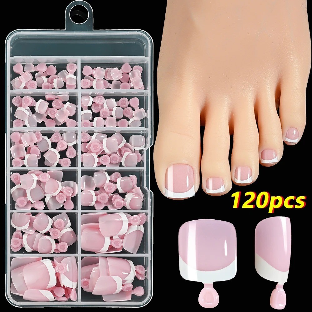 120Pcs Pink French Short Square Fake Nails 12-Sizes Full Cover Press On Nails We