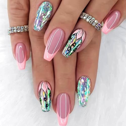 Coffin Press on Nails Medium Dark Pink French Tip Fake Nails Glitter Flower