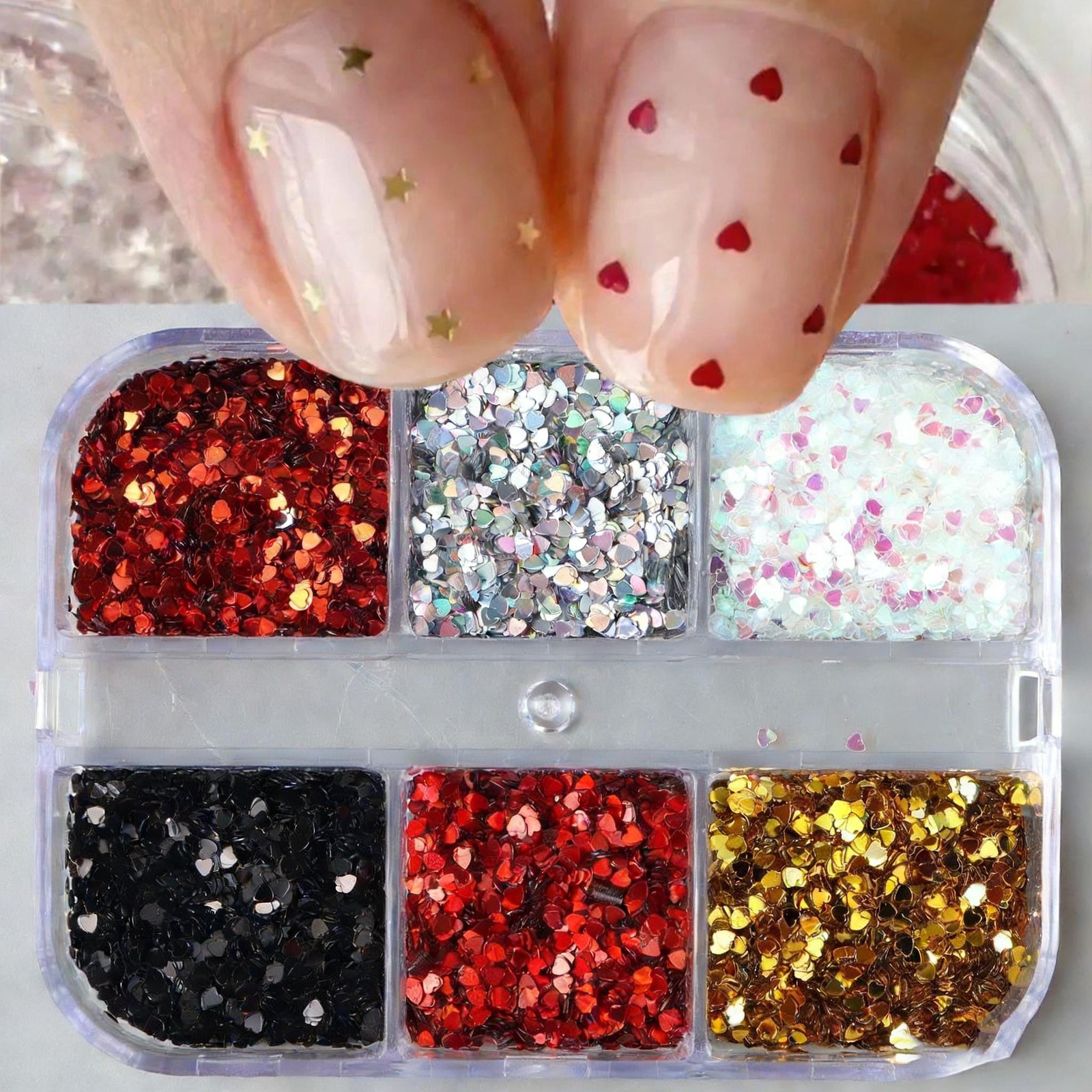 6-Grid Love Shape Sequin Kit Mini Heart Glitter for Nail Art Decoration & Crafts