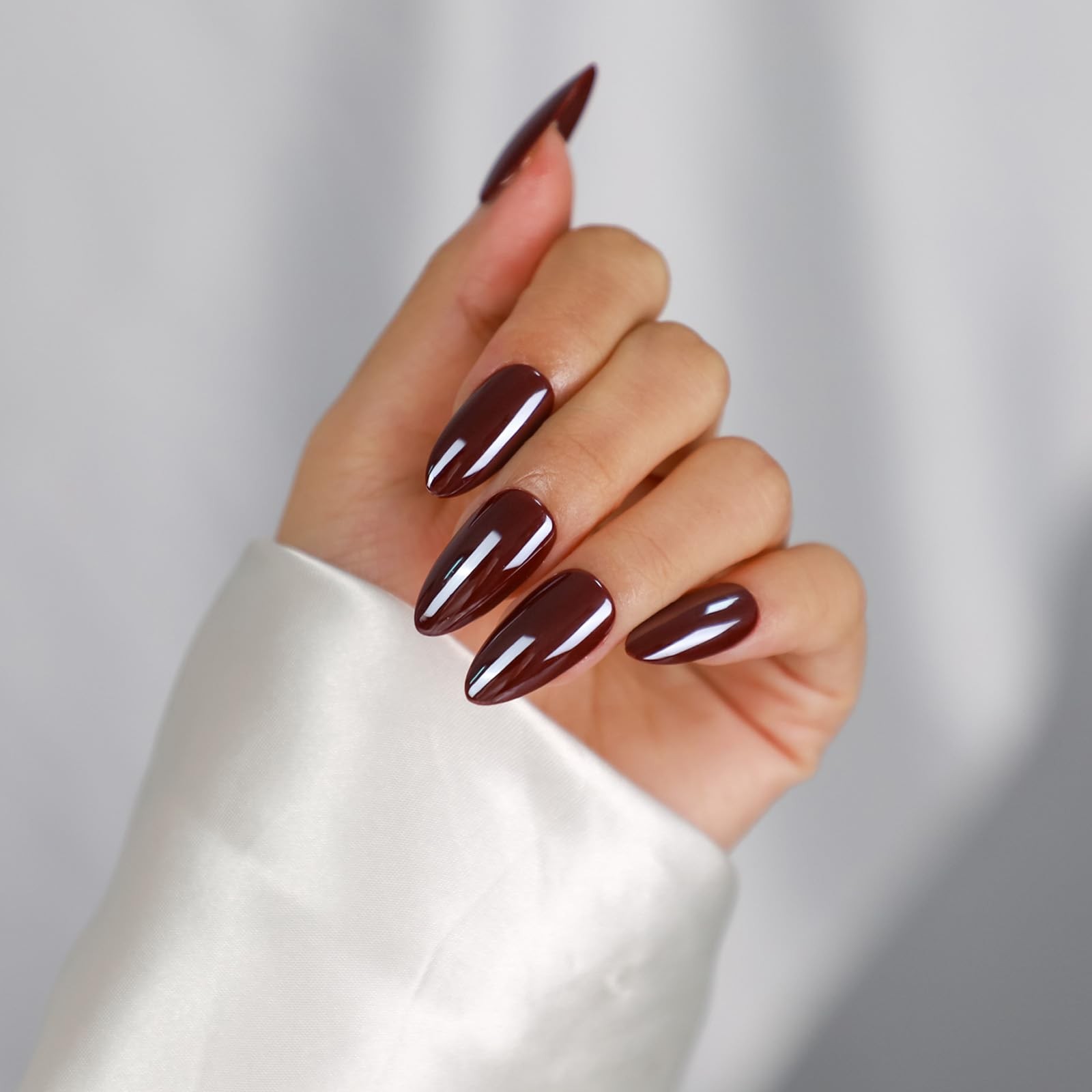 Chrome Burgundy Red Almond Medium Press On Nails 30pcs Glossy with Glue