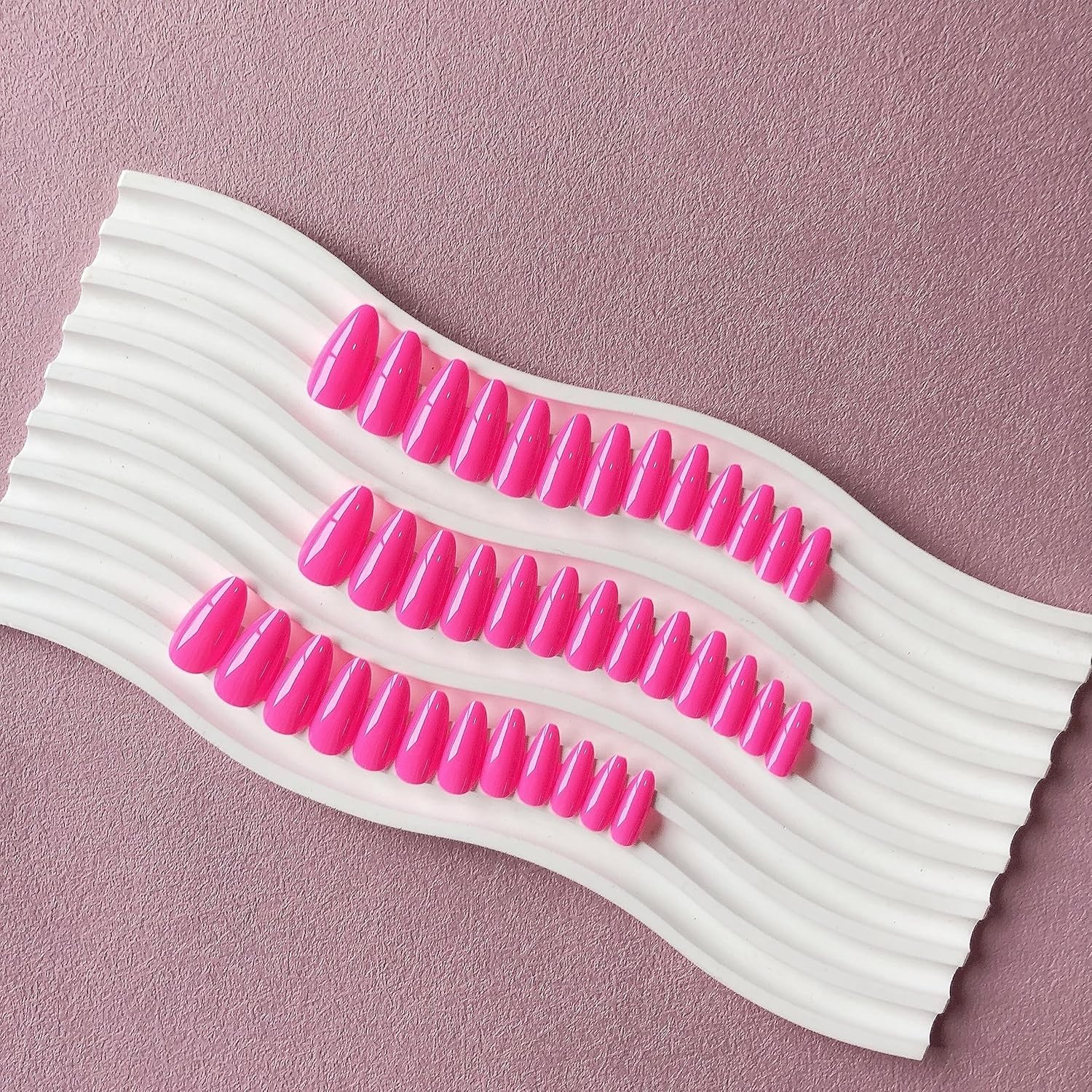 48pcs Hot Pink Almond Press On Nails – Reusable Medium Length Gel Beauties