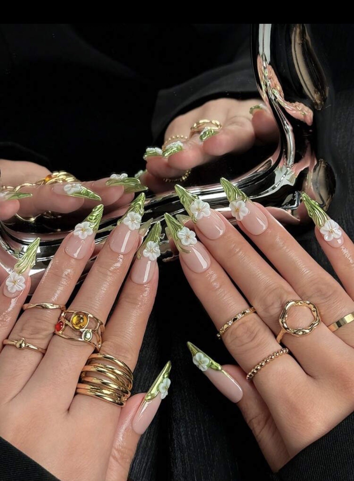 Handmade, 10 Pcs 3D floral stiletto-shaped press-on nails and green leaf design