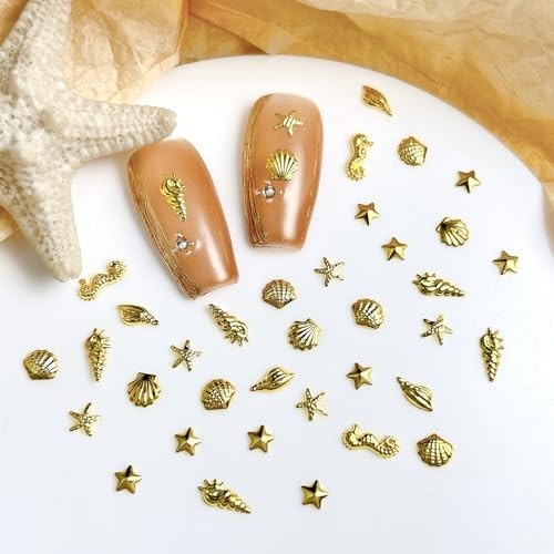 600Pcs Gold Starfish Nail Charms 3D Alloy Summer Ocean Nail Rhinestones Starfish