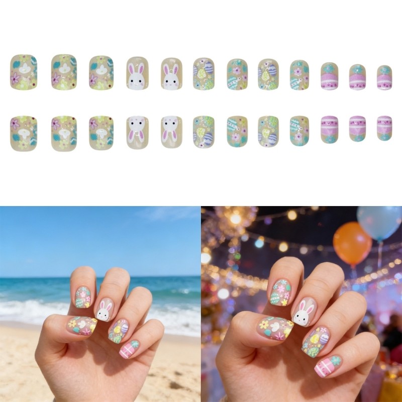 Adorable Rabbit Egg Printed Artificial Nail Short Square Shape Easy To Wear