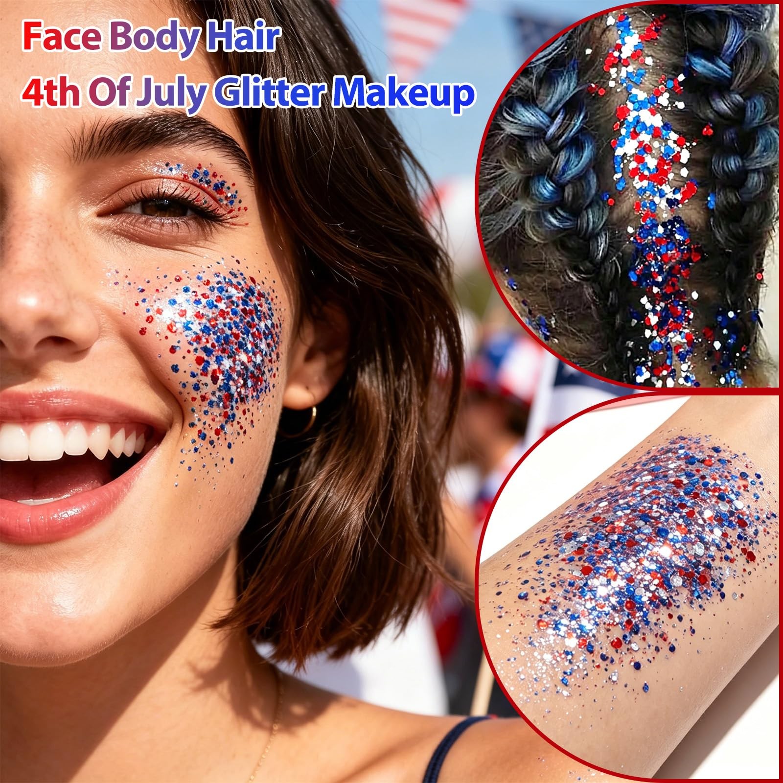 50ML Body Glitter Gel, Red White Blue 4th of July Chunky Glitter for Face Hai…