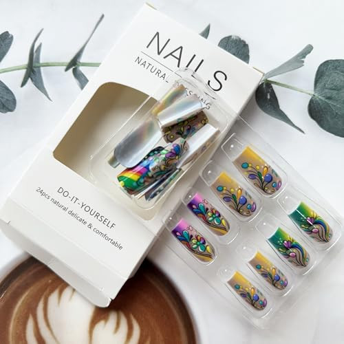 24 Pcs Square Press on Nails Medium Length Fake Nails Colorful Flower Style-A13