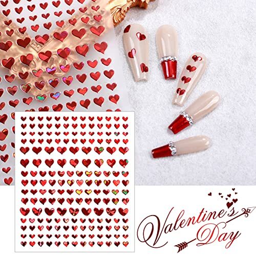 6 Sheets Heart Nail Stickers, Valentine’s Day 3D Red 6 Sheets，valentine’s Day