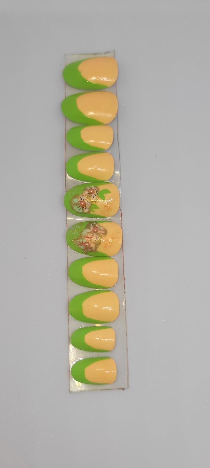 KFN Press On Nails ​Green French|Medium Oval|Hand Painted Floral Foil Art Kit 10