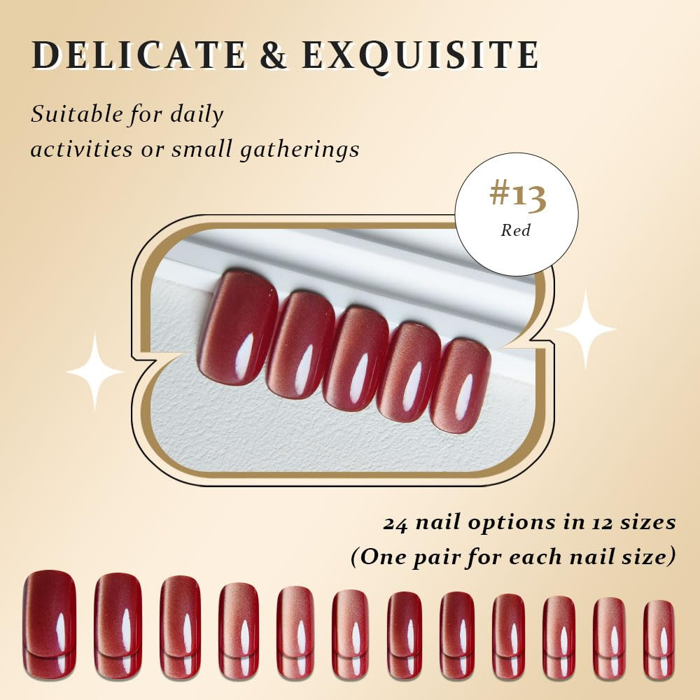 Red Cat Eye Press on Nails Medium Square, Medium Square Press Stick on Nails Chr