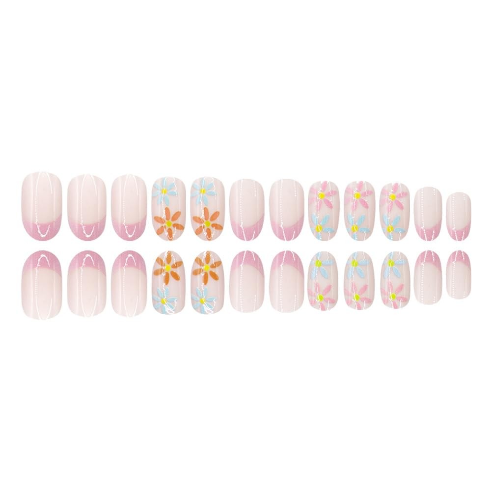 Spring Press On Nails Short Almond Fake Nails Pink French Tip False Nails wit…