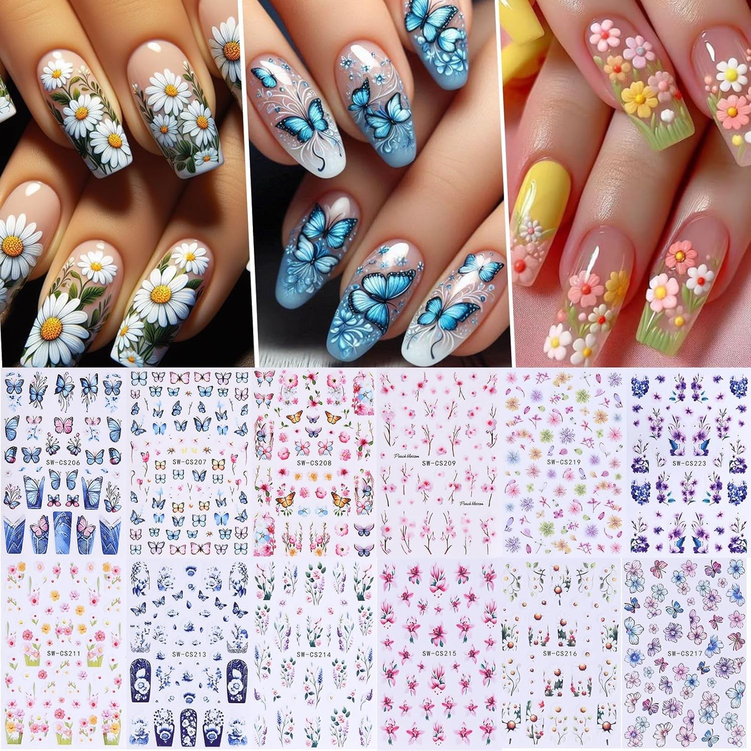 Colorful Flower Nail Art Decals 12 Sheets with Tweezers for Spring Nails