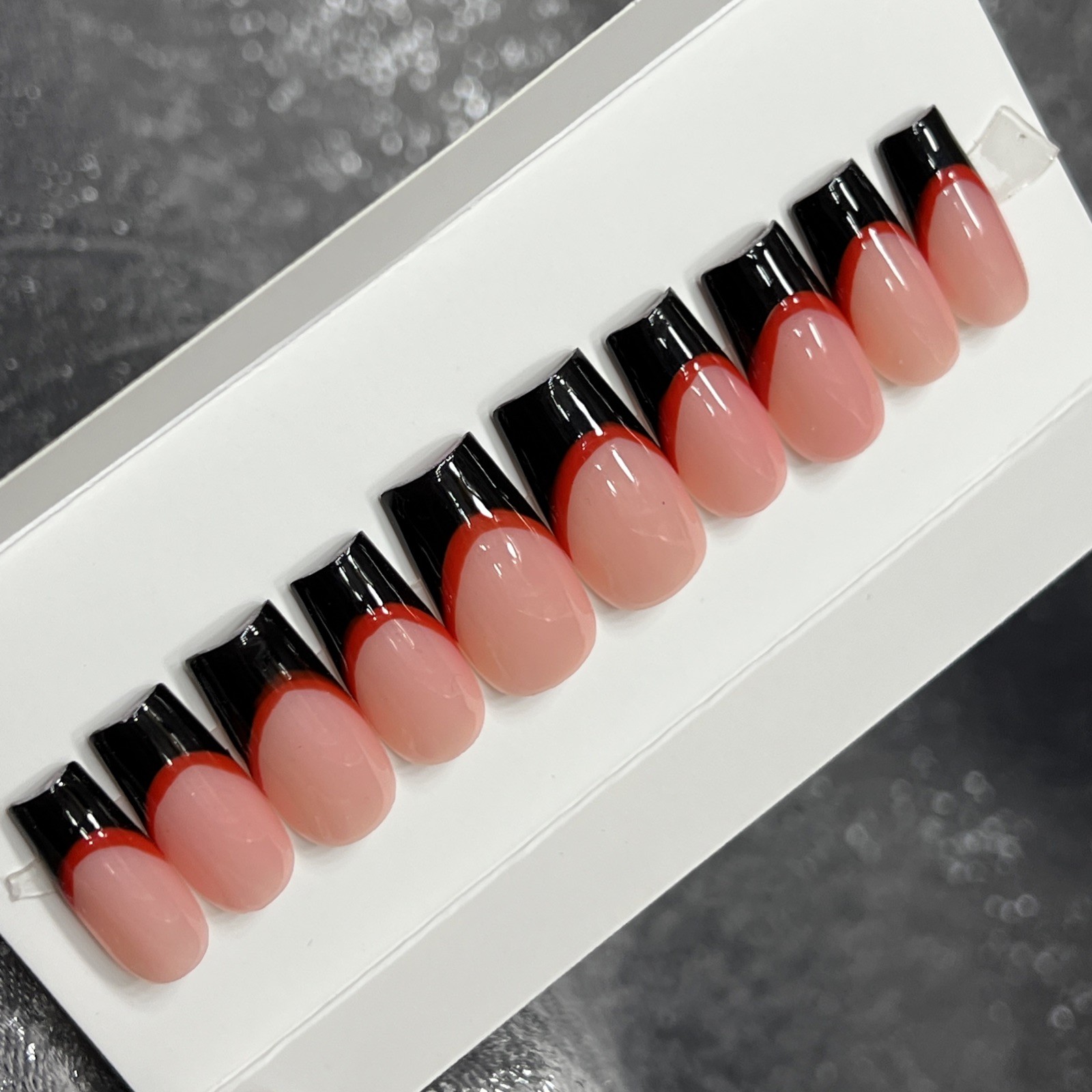 ❤️🖤 CUSTOM Press On Nails FRENCH BLACK RED BLING 10p SET W Kit