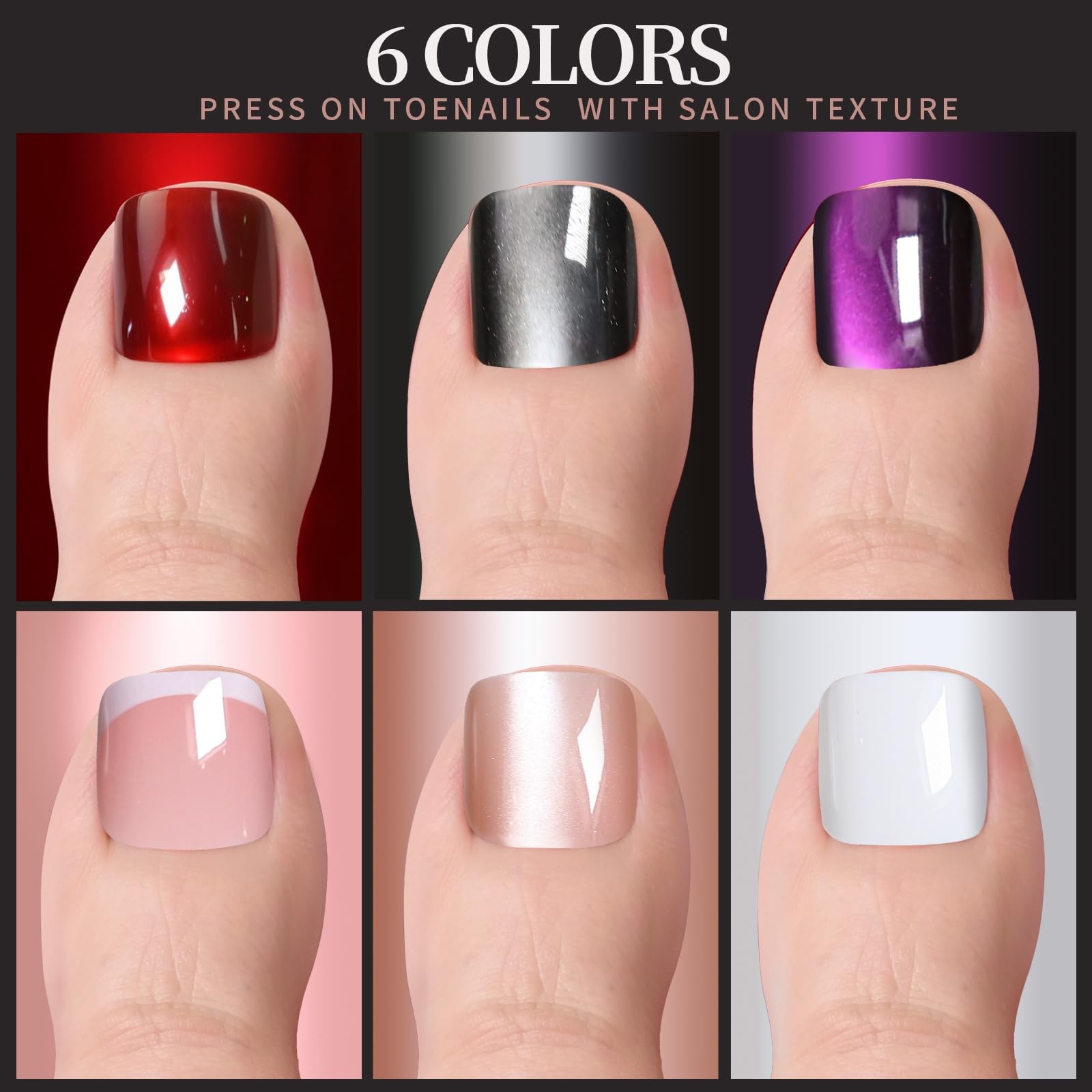 FANDAMEI Press on Toenails, 6 Colors Black/White/Nude/Red/Purple/French Tip