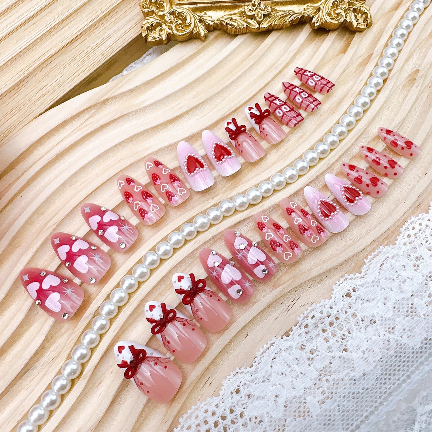 24pcs Valentines Press on Nails Medium Almond Fake Nails with Bow Heart Straw…