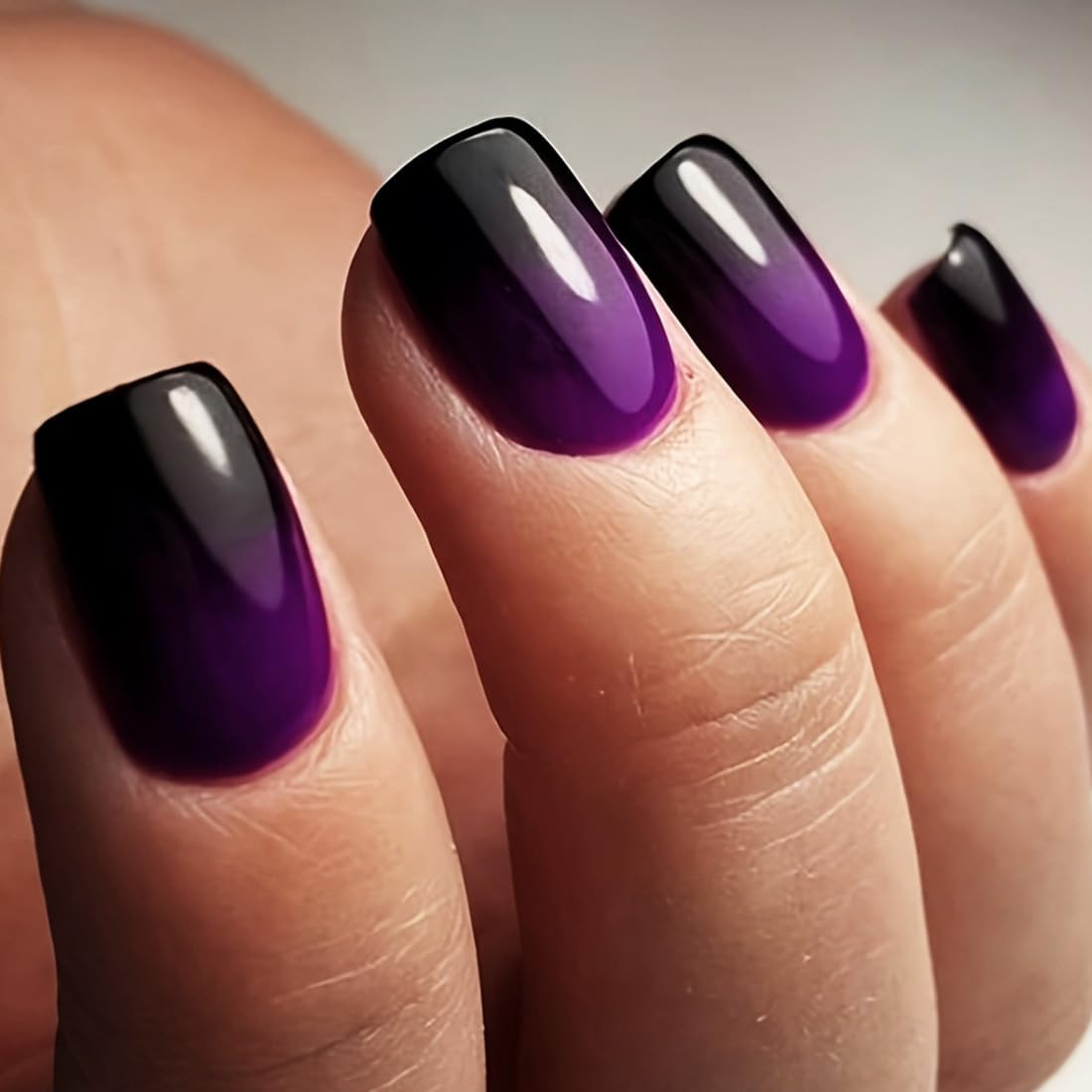 Purple Black Ombre Press on Nails Square Short Medium Fake Nails with Glossy Des