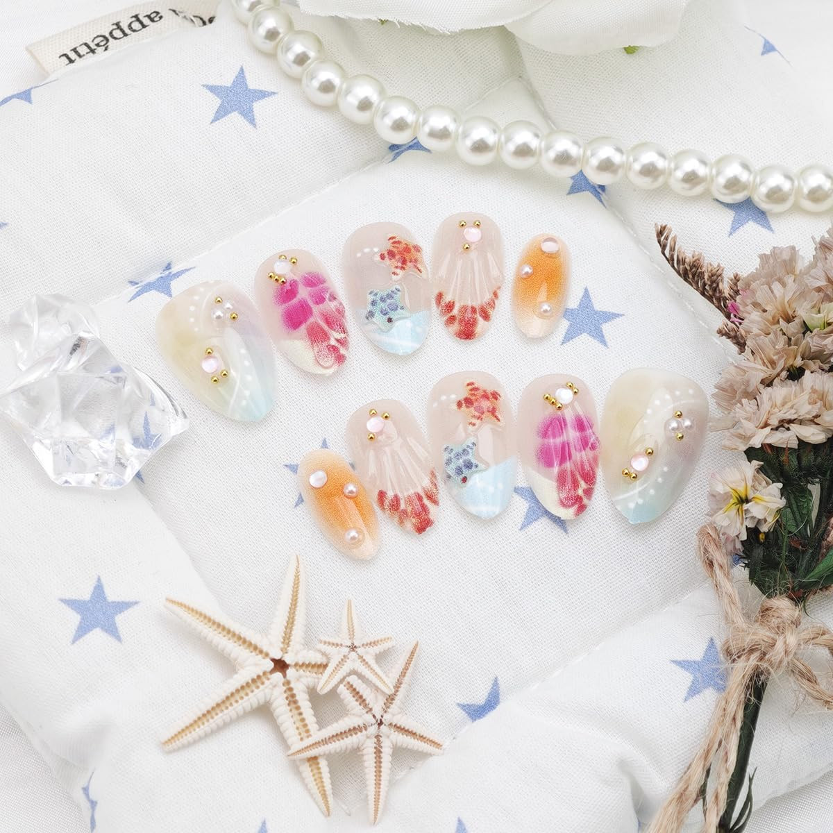 30Pcs Summer Beach Press on Nails Short Almond Fake Nails 3D Shell Starfish ＆Gol