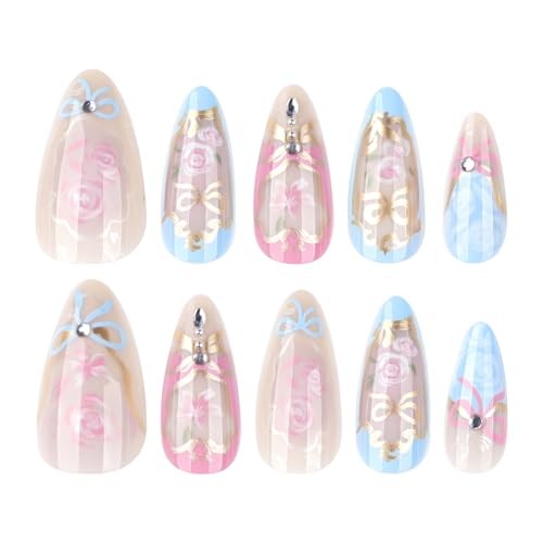 24Pcs Almond Press on Nails Heart Flowers Fake Nails with Heart Flowers Style 7