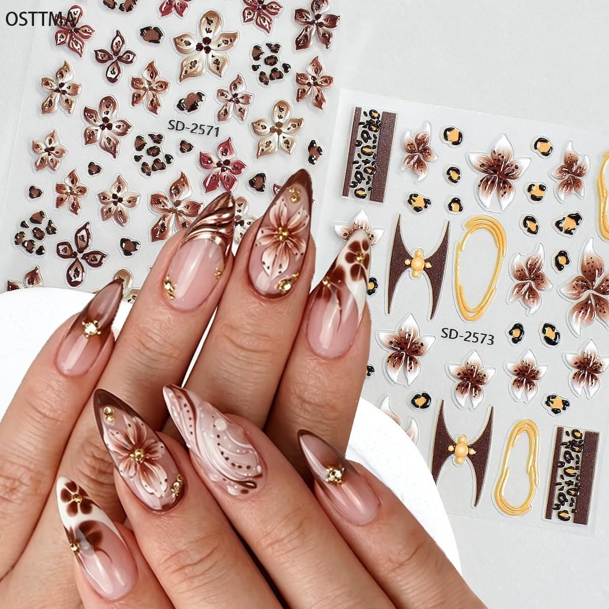 Leopard Print Flower Nail Art Stickers, 3 Sheets