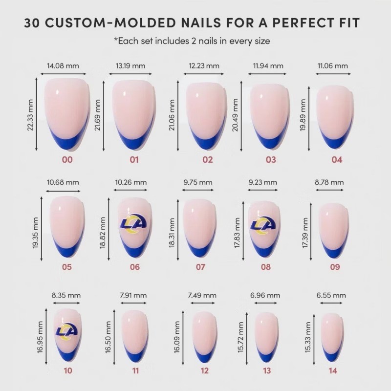 Los Angeles Rams Press-On Nails: Almond Shape, Gloss Finish, 30 Pieces