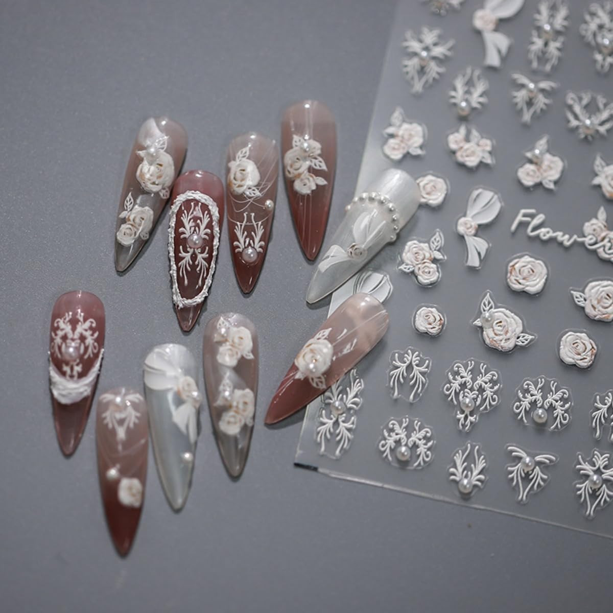 White Flower Nail Sticker 5D Embossed Pearl Flower Nail Art Sticker Self Adhesiv