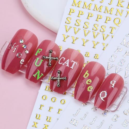 12 Sheets Alphabet Nail Art Stickers 3D Black White Gold Nail Letter Stickers