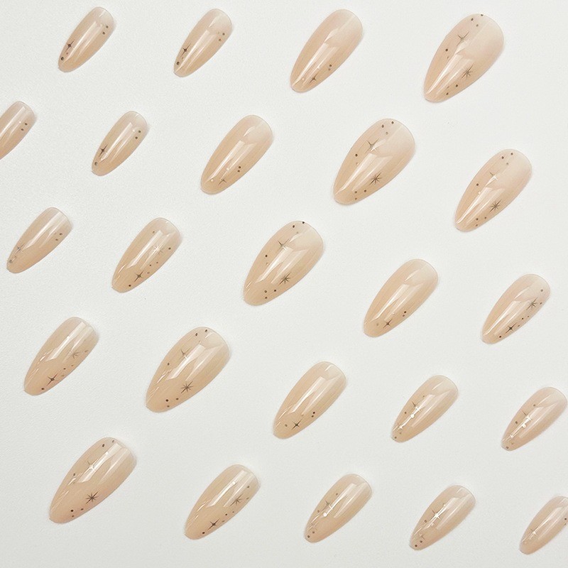 48PCS Long Almond Nail Press, Reusable Bare Pink, Sparkling Fake Nails