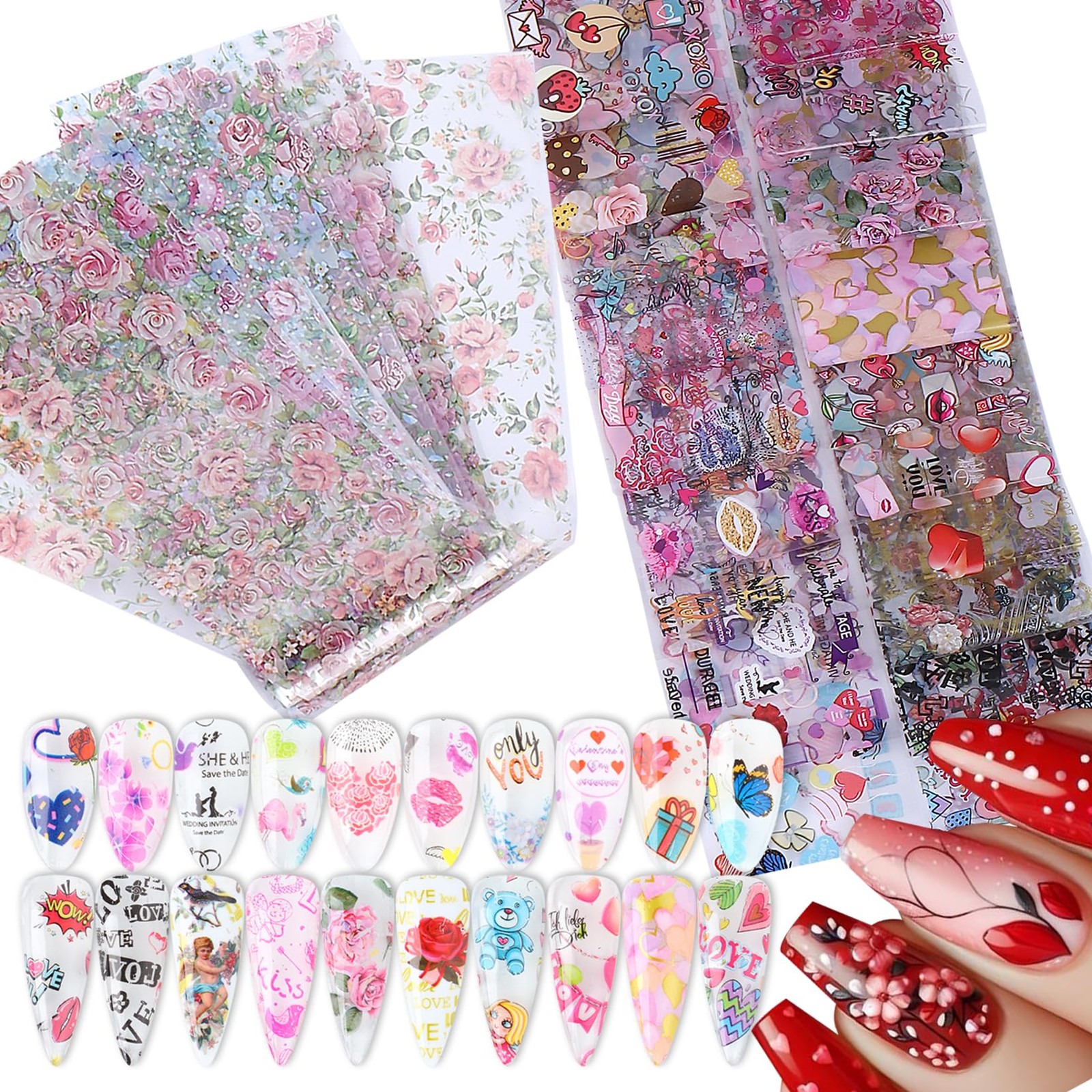 Rose Flower Nail Foil Transfer Nails Art 50PCS Valentine’s Day Nail Art Foils…