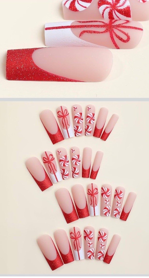 Beautiful Red And White Fancy Fake Nails Non Toxic
