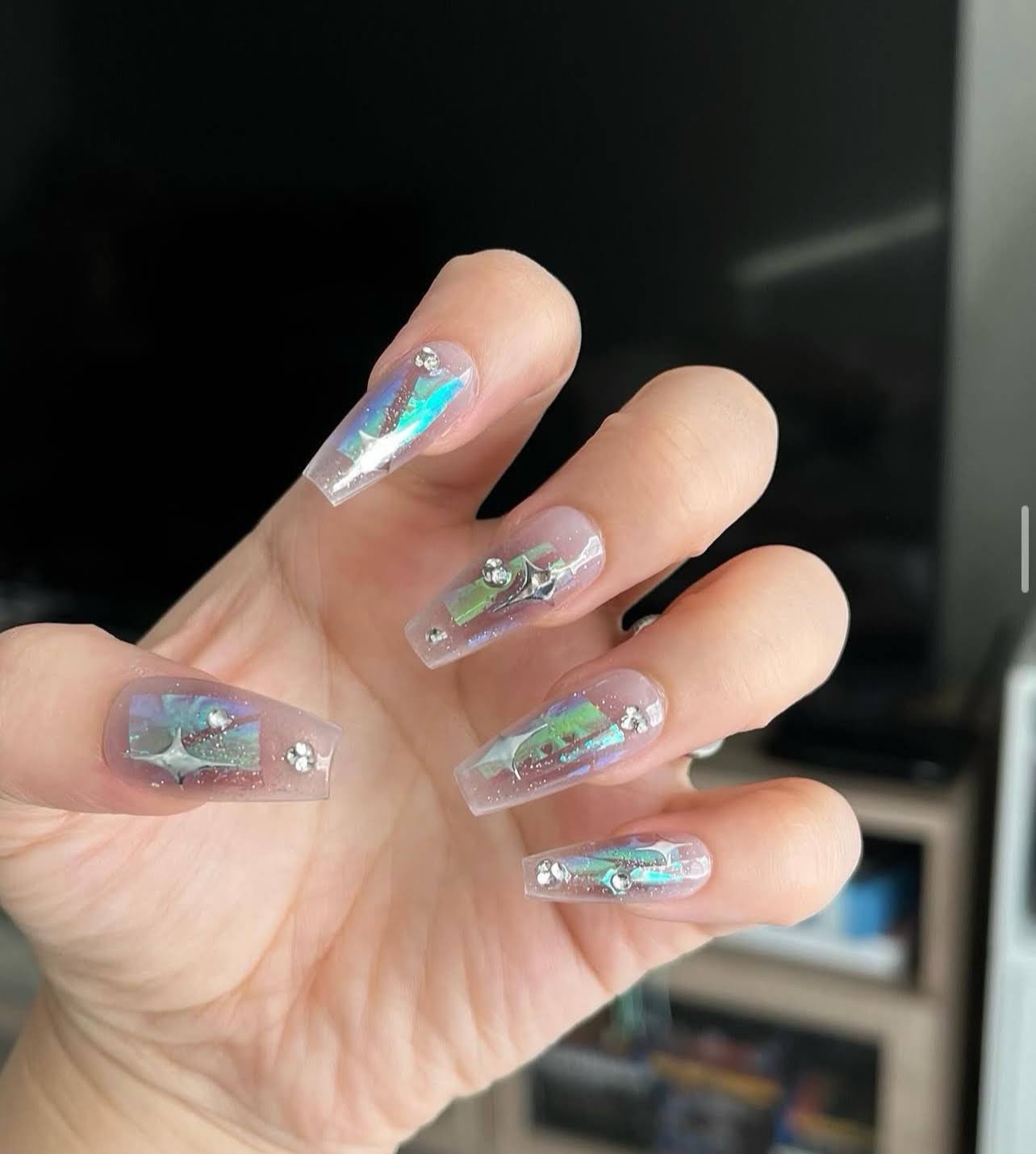 Press-On Nails Long Square Blue Silver Shiny Glitter Full Cover Pre-Designed Set