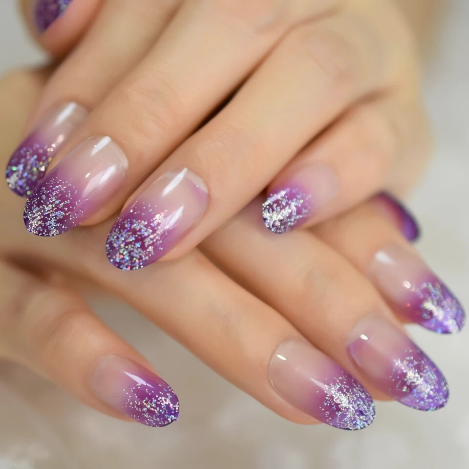 24 Medium Press on Nails kit glue on grape jelly ombre glitter clear