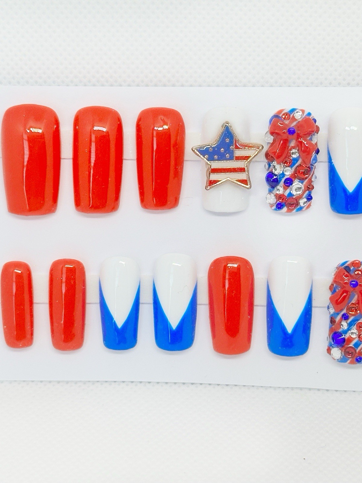 Handmade Custom Press On Nails Med Length Square July 4th Nails Red White Blue