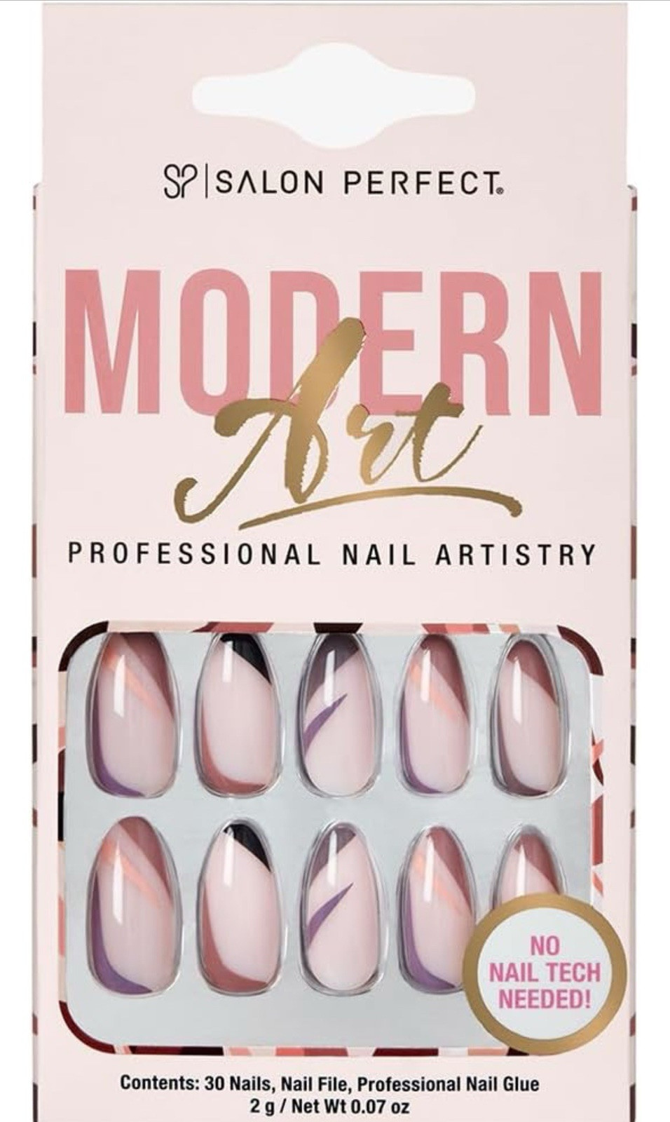 Press On Nails, Modern Art Abstract Pink and Purple Design, Almond Shape,