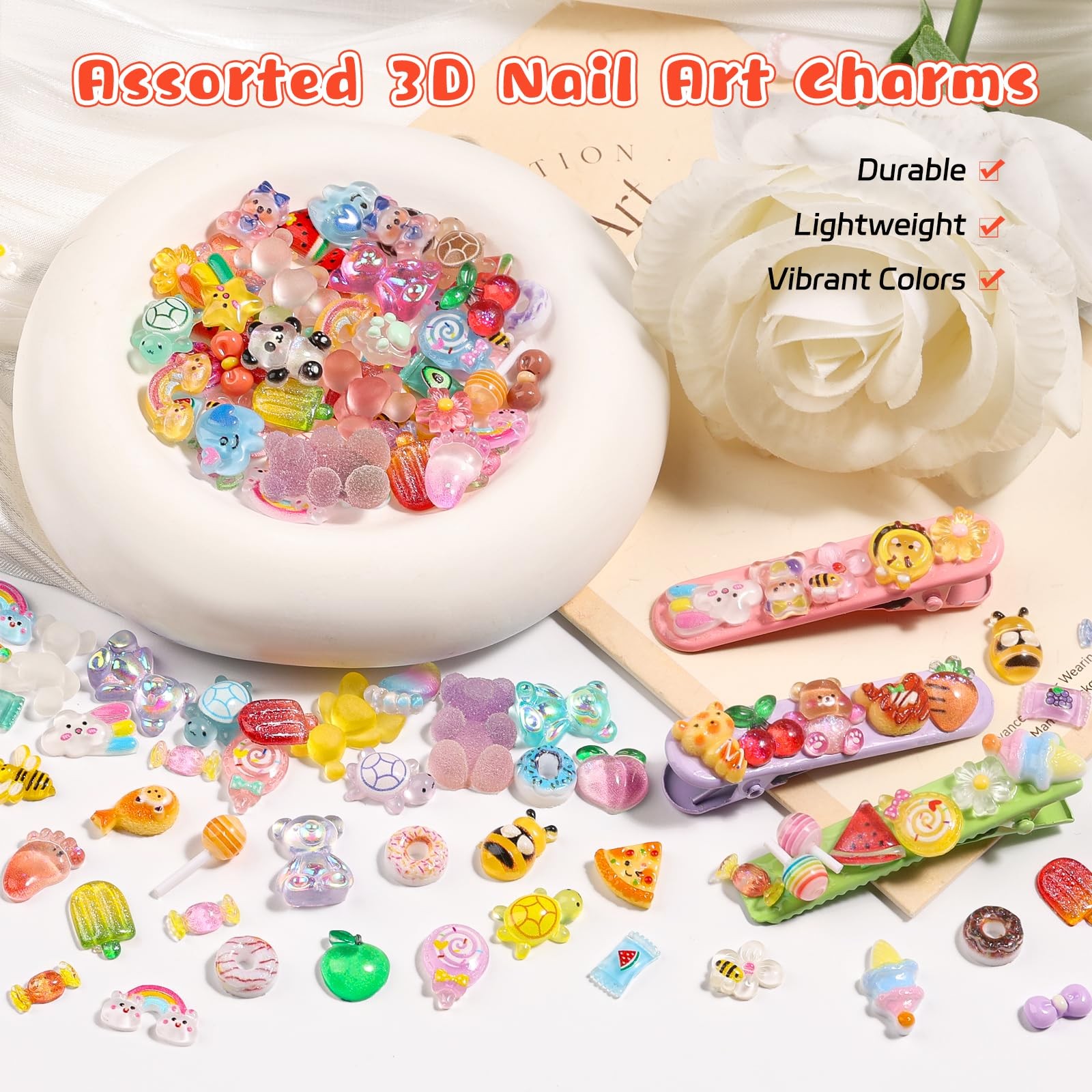 Kikonoke 300PCS Kawaii Nail Charms Kit, 3D Animal & Candy Animals &
