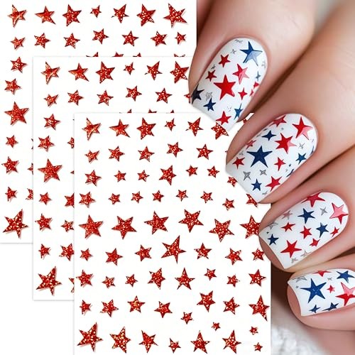 3 Sheets 4th of July Star Nail Stickers Independence Day red five-pointed star