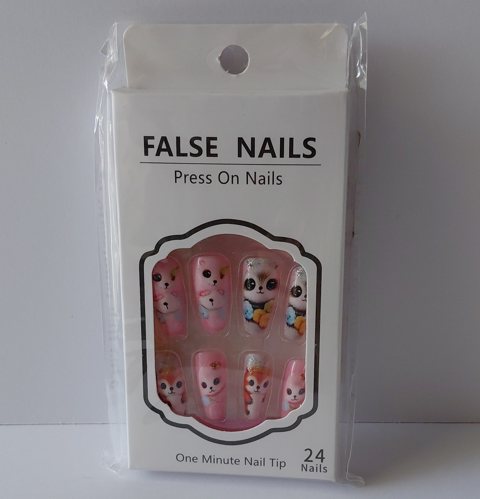 Animal Pre-Designed Press-On Nails Pink Glitter Coffin Acrylic Medium 24 BK2024