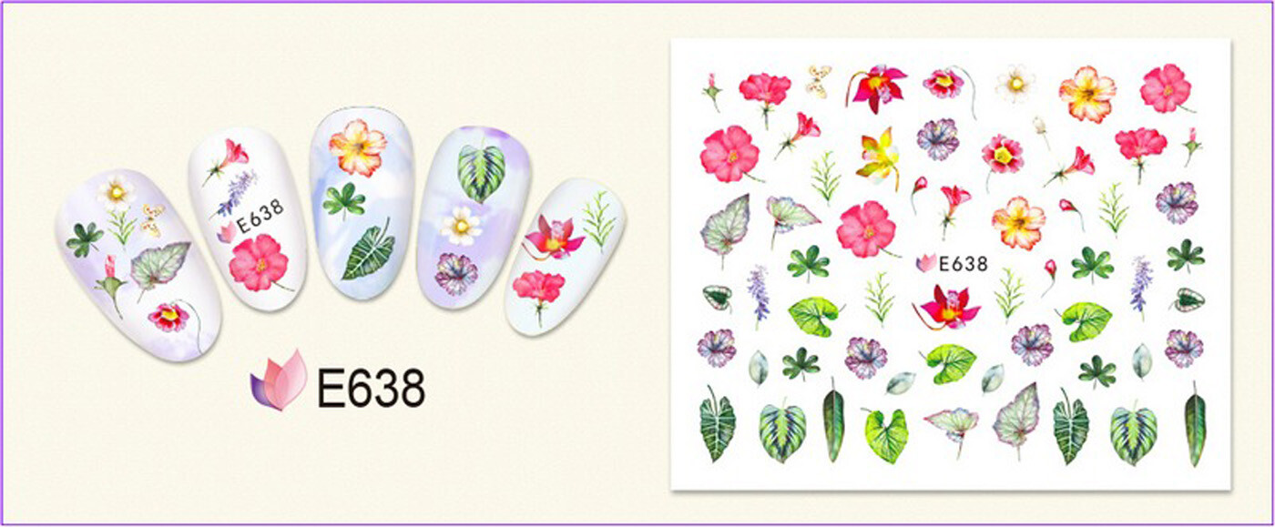 Nail Art 3D Decal Stickers beautiful red pink purple flowers green leaves E638