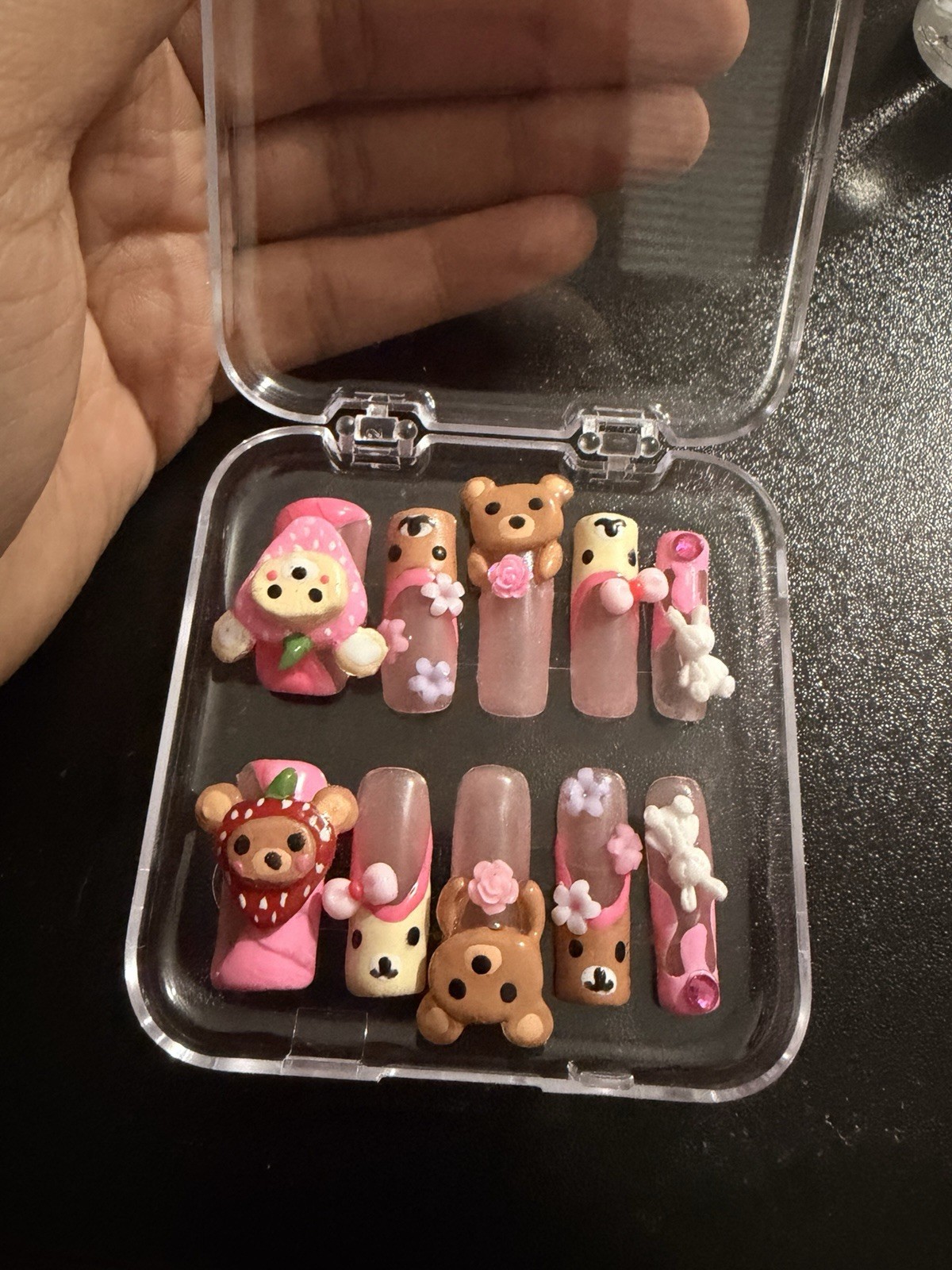 Pink Brown White 3D Bear Bunny Flower Med. Square Full Cover Press-On Nails Set