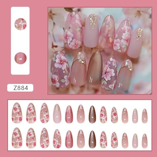 24Pcs Pink Flower Press on Nails Medium Almond Fake Nails Flower Fake Nails-2