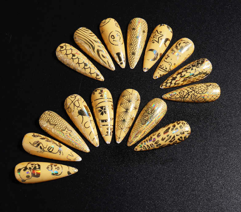16pcs Golden Panda Leopard Moon Star Line Transfer Nail Foil Stickers Decal 15JS